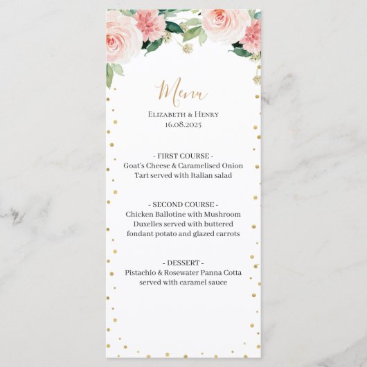 Blush pink gold peony floral elegant wedding menu menükarte (Vorderseite)