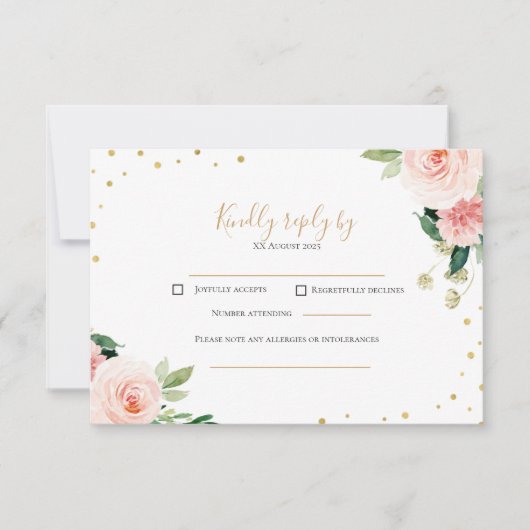 Blush pink gold peony floral wedding RSVP card (Vorderseite)