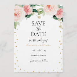 Blush pink gold peony floral wedding save the date einladung