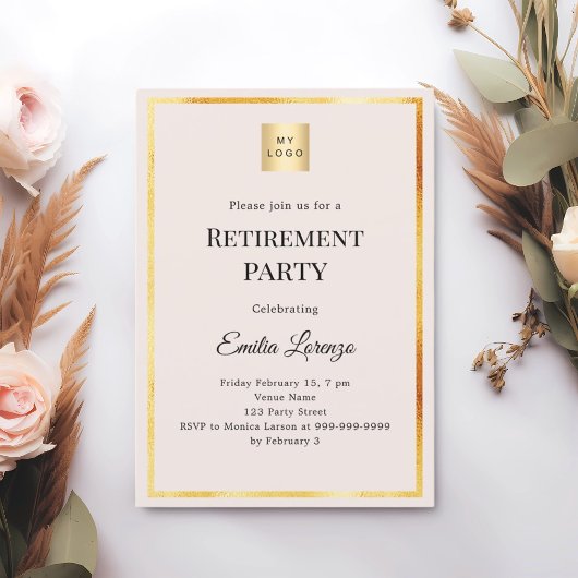 Blush pink gold retirement party business logo einladung