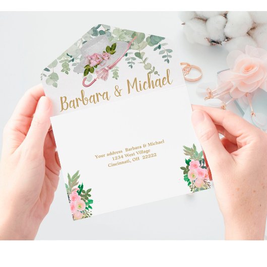 Blush Pink Gold Romantische Blumenhochzeit All In One Einladung