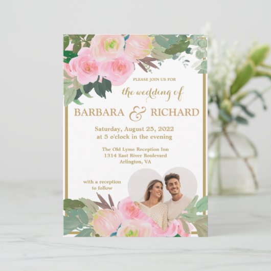 Blush Pink Gold Romantisches Foto QR Hochzeit Einladung (Stehend Vorderseite)
