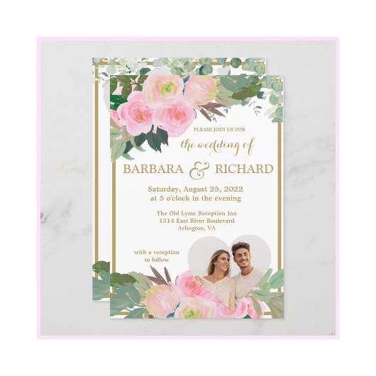 Blush Pink Gold Romantisches Foto QR Hochzeit Einladung