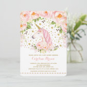 Blush Pink Gold Rose Bloral Unicorn Kinderdusche Einladung (Stehend Vorderseite)