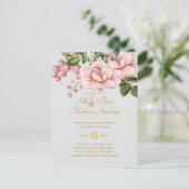 Blush Pink Gold Rose Bouquet Baby Dusche Postkarte (Stehend Vorderseite)