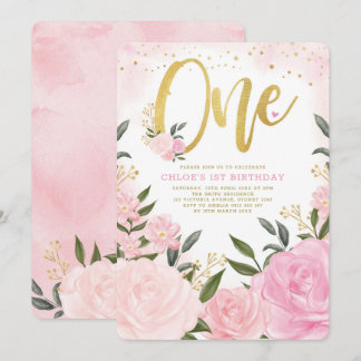 Blush Pink Gold Rose Girl 1. Geburtstag Einladung