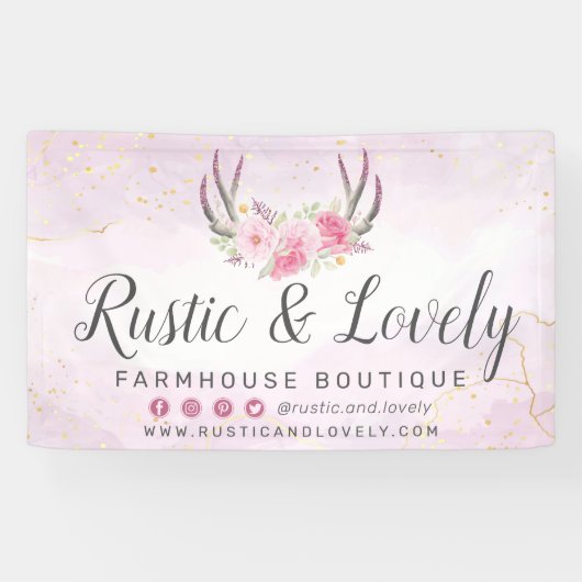 Blush Pink Gold Rustikale Flora Antler Social Medi Banner (Horizontal)