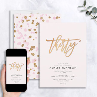 Blush Pink & Gold Script Confetti 30. Geburtstag Einladung