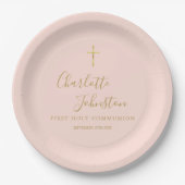 Blush Pink Gold Script Erste heilige Kommune Pappteller (Vorderseite)