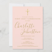 Blush Pink Gold Script Erste Heilige Kommunion Fot Einladung (Vorderseite)