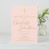 Blush Pink Gold Script Erste Heilige Kommunion Fot Einladung (Stehend Vorderseite)