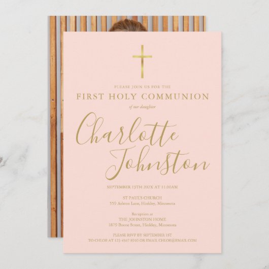 Blush Pink Gold Script Erste Heilige Kommunion Fot Einladung (Vorne/Hinten)