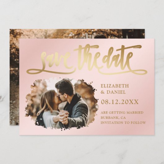 Blush Pink Gold Script Hochzeit 2 Foto Save The Date (Vorne/Hinten)