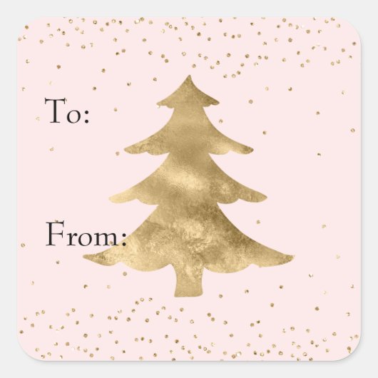 Blush Pink Gold Sparkle Dots Weihnachtsbaum Quadratischer Aufkleber (Vorderseite)