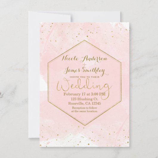 Blush Pink & Gold Spritzer Moderne Hochzeit Einladung (Vorderseite)