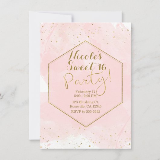 Blush Pink & Gold Spritzer Moderner Sweet 16 Party Einladung (Vorderseite)