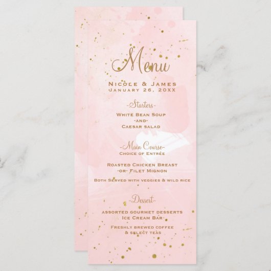 Blush Pink & Gold Spritzer Modernes Hochzeitsmenü Menükarte (Vorne/Hinten)