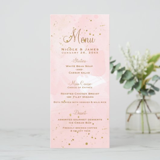 Blush Pink & Gold Spritzer Modernes Hochzeitsmenü Menükarte (Stehend Vorderseite)