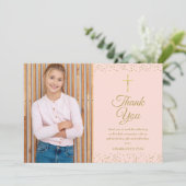 Blush Pink Gold Staub Erste Heilige Kommune Foto Dankeskarte (Stehend Vorderseite)