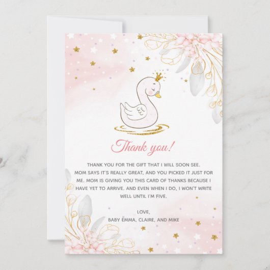 Blush Pink Gold Swan Baby Dusche Danke Karte (Vorderseite)