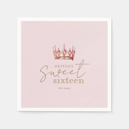 Blush Pink & Gold Sweet 16 Crown Paper Napkin Serviette (Vorderseite)