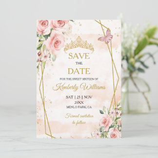 Blush Pink Gold Tiara Save the Date 16. Geburtstag Einladung