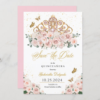 Blush Pink & Gold Tiara Save the Date Quinceañera Einladung