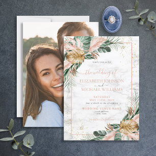 Blush Pink Gold Tropical Boho Chic Foto Hochzeit Einladung