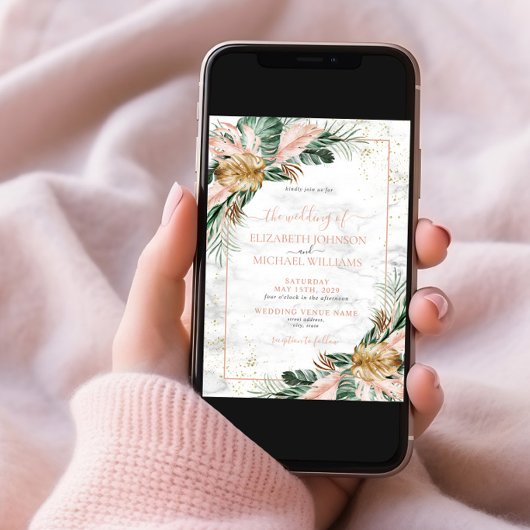 Blush Pink Gold Tropical Boho Chic Foto Hochzeit Einladung