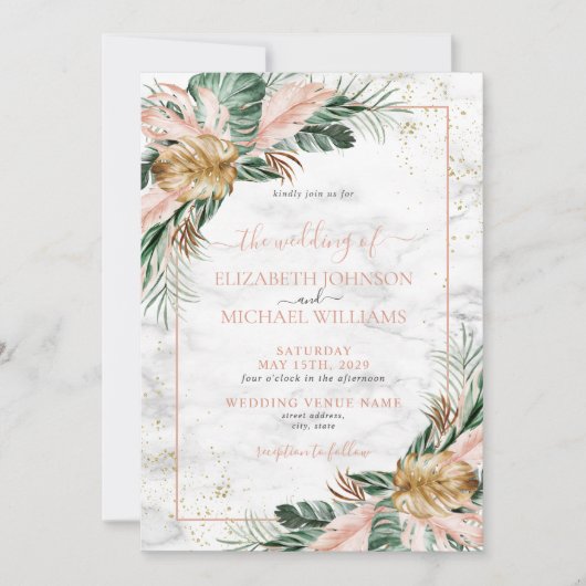 Blush Pink Gold Tropical Boho Chic Wedding Einladung (Vorderseite)