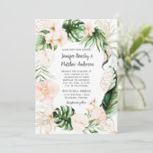 Blush Pink Gold Tropical Green Wreath Wedding Einladung (Stehend Vorderseite)