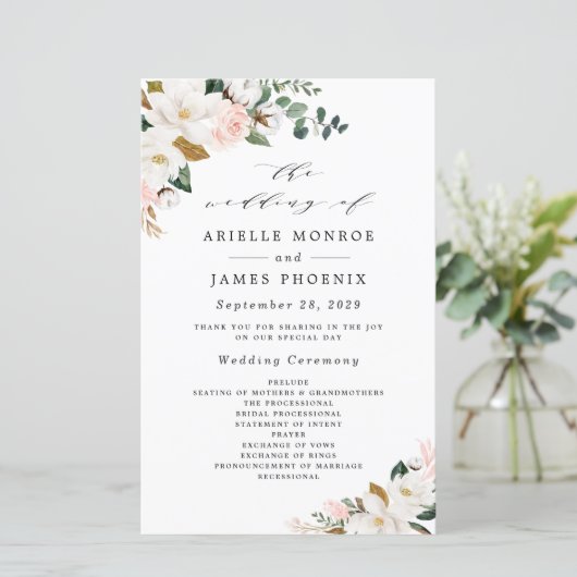 Blush Pink Gold und White Floral Hochzeitsprogramm (Stehend Vorderseite)