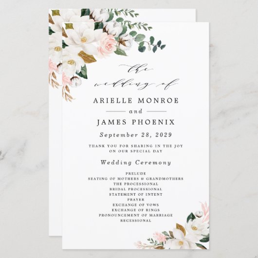 Blush Pink Gold und White Floral Hochzeitsprogramm (Vorne/Hinten)