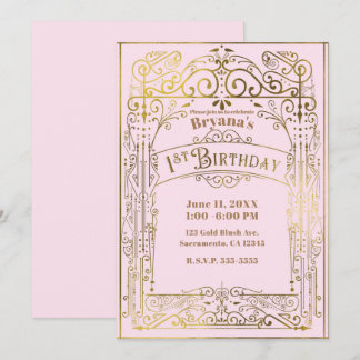 Blush Pink Gold Vintag Viktorianisch 1. Geburtstag Einladung