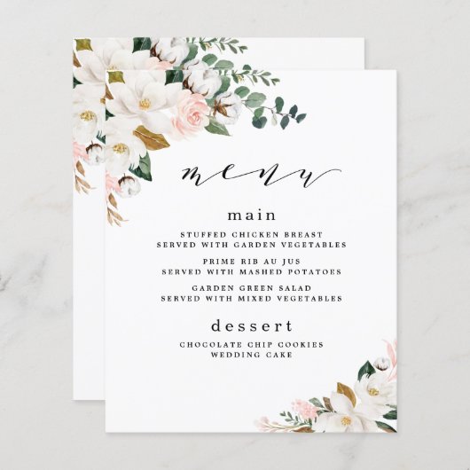 Blush Pink Gold Weißes Magnolia Blumenmenü (Vorne/Hinten)