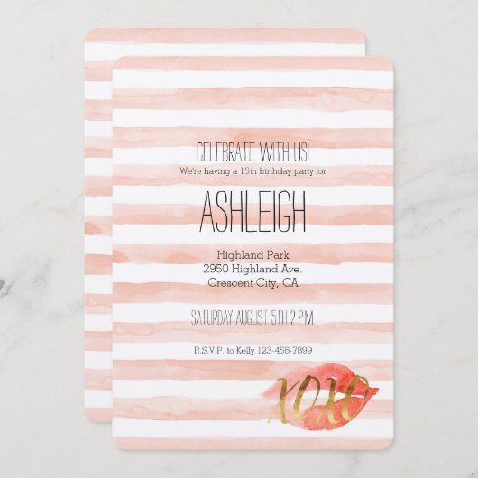 Blush Pink Gold XOXO Wasserfarbe Kiss Einladung (Vorne/Hinten)