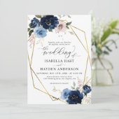 Blush Pink Golden Floral Gold Rahmen Hochzeit Einladung (Stehend Vorderseite)