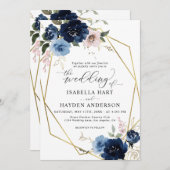 Blush Pink Golden Floral Gold Rahmen Hochzeit Einladung (Vorne/Hinten)