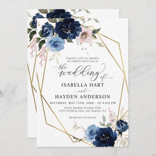 Blush Pink Golden Floral Gold Rahmen Hochzeit Einladung (Vorne/Hinten)