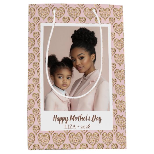 Blush Pink Golden Hearts Mother Day Mittlere Geschenktüte (Vorderseite)