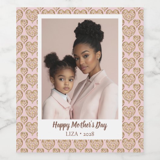 Blush Pink Golden Hearts Mother's Day Foto Weinetikett (Einzelnes Label)