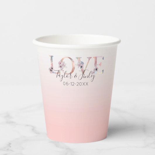 Blush Pink Gradient Elegante Liebe Hochzeit Pappbecher (Vorderseite)