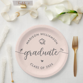 Blush Pink Graduation Gray Script Hearts Cap Bold Pappteller
