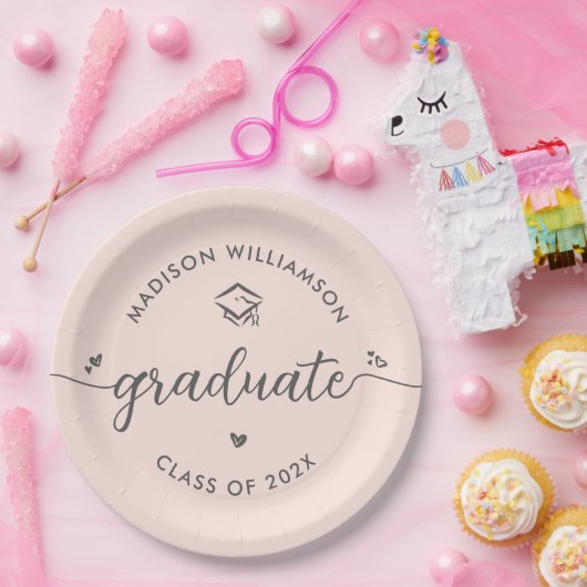 Blush Pink Graduation Gray Script Hearts Cap Bold Pappteller (Party)