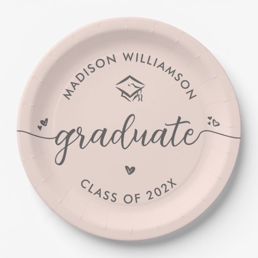 Blush Pink Graduation Gray Script Hearts Cap Bold Pappteller (Vorderseite)