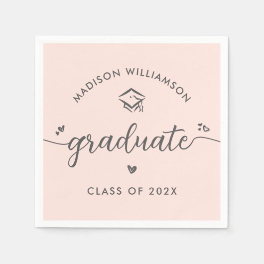 Blush Pink Graduation Gray Script Hearts Cap Bold Serviette (Vorderseite)
