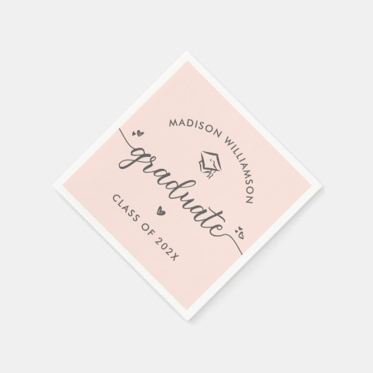 Blush Pink Graduation Gray Script Hearts Cap Bold Serviette (Ecke)