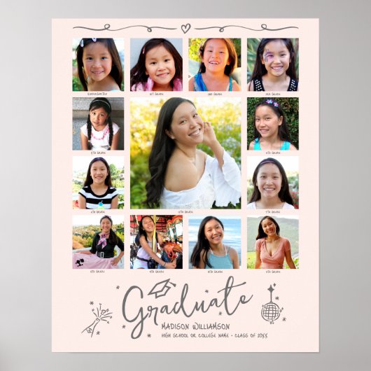 Blush Pink Graduation K–12 Photo Collage Doodles Poster (Vorne)