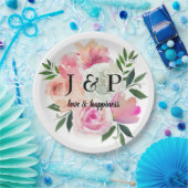 Blush Pink & Grau Botanische Monogramm Pappteller (Party)