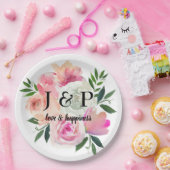 Blush Pink & Grau Botanische Monogramm Pappteller (Party)